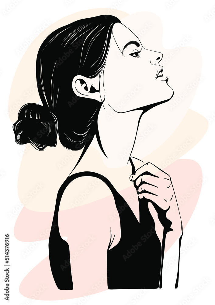 Vector drawing, graphic portrait of a beautiful girl. Facial expressions, people positive emotions, gentle lady. Hand drawing digital vector. Illustration.