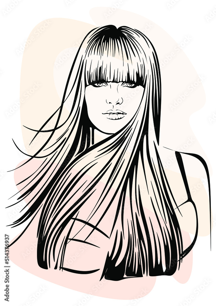 Vector drawing, graphic portrait of a beautiful girl. Facial