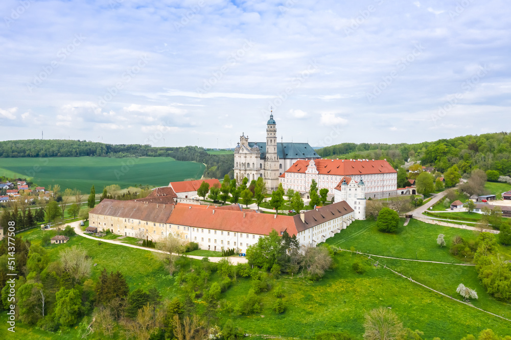 Neresheim monastery baroque abbey church aerial view in Germany - obrazy, fototapety, plakaty 
