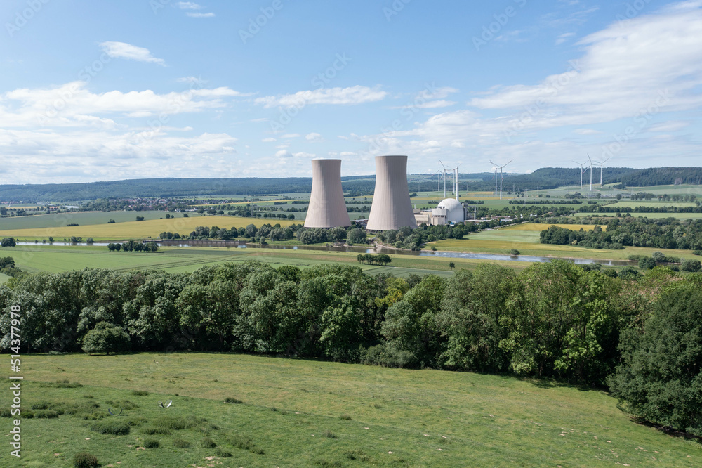 View of drone of nuclear power plant and river