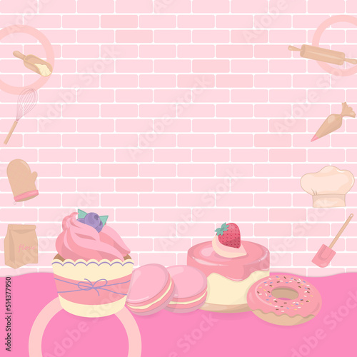 Dessert and baking tools with brick wall background