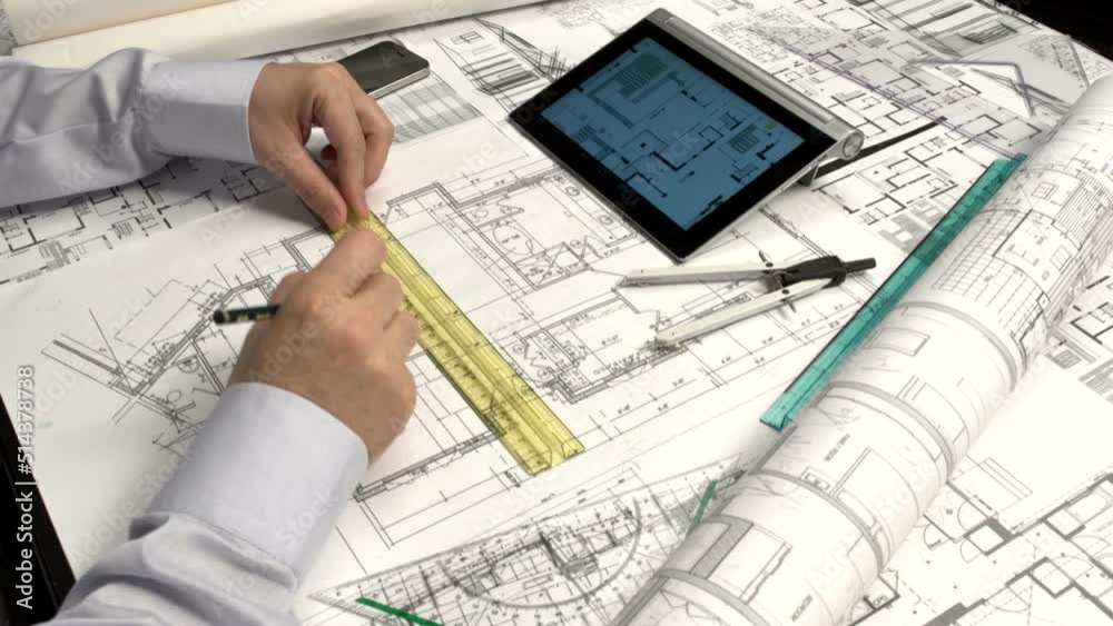 architect working on blueprints in office architect working on blueprints in office