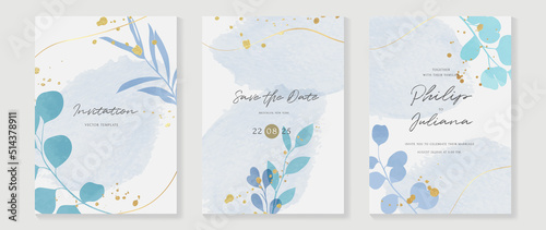 Luxury botanical wedding invitation card template. Watercolor card with gold line art, eucalyptus, leaves branches, foliage. Elegant blossom vector design suitable for banner, cover, invitation. 