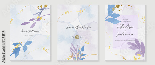 Luxury botanical wedding invitation card template. Watercolor card with gold line art, eucalyptus, leaves branches, foliage. Elegant blossom vector design suitable for banner, cover, invitation. 