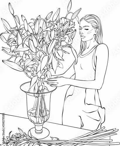 Florist girl creates a flower arrangement. Coloring page for adults and children