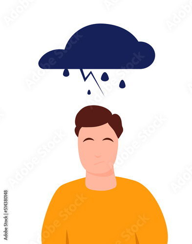 Young man character with cloud rain, depressed negative thinking, pessimism upset mood, unhappy person concept. Flat vector isolated illustration. Negative emotion.