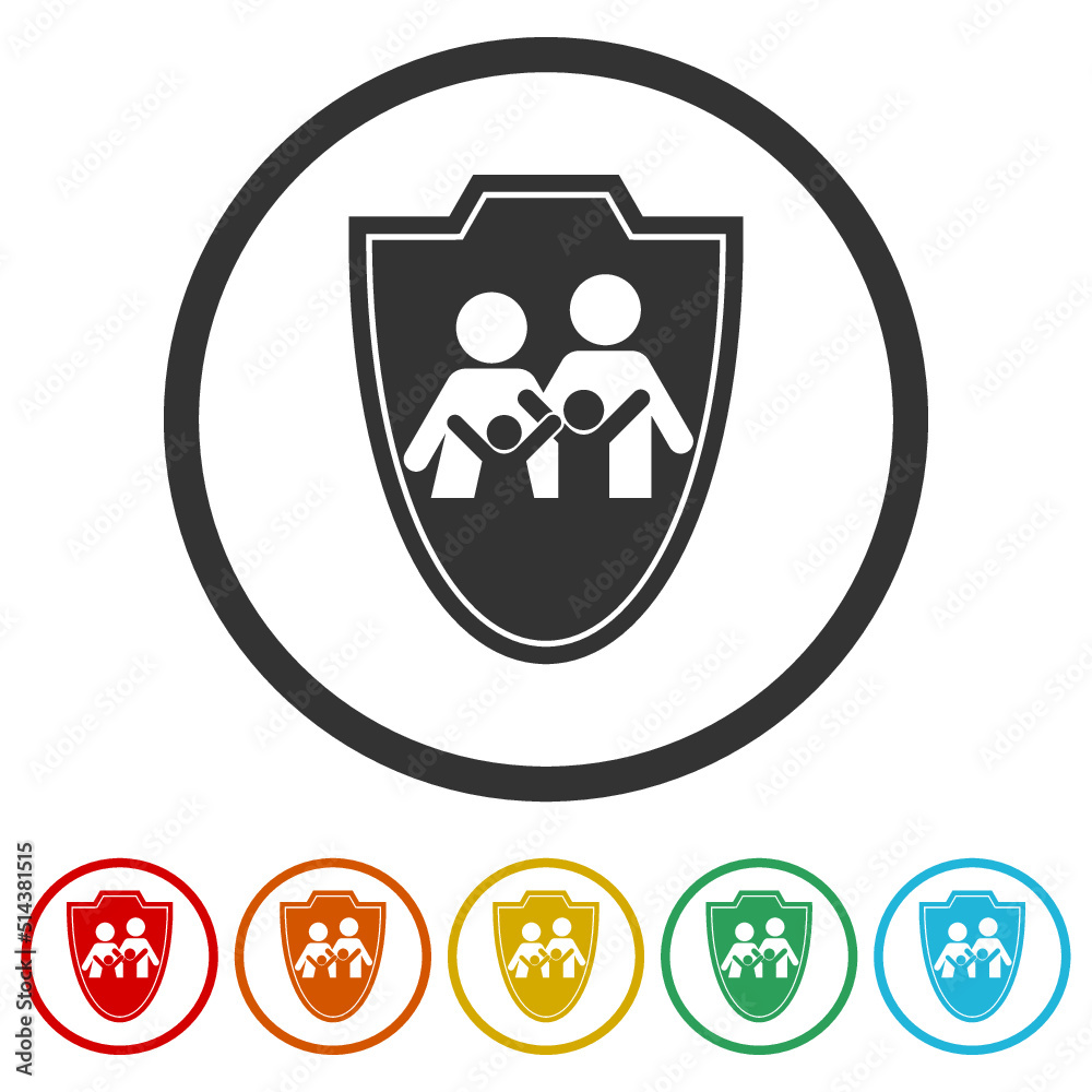 Family insurance icons in color circle buttons Family insurance icons in color circle buttons