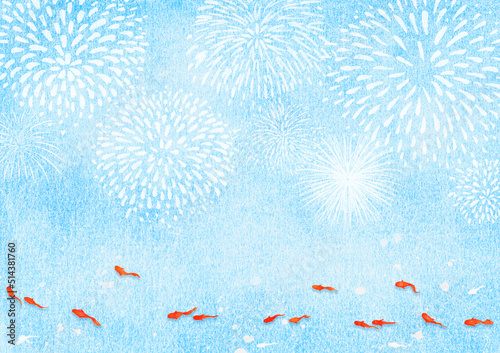 赤い金魚と打ち上げ花火みたいな水紋背景　青い和紙