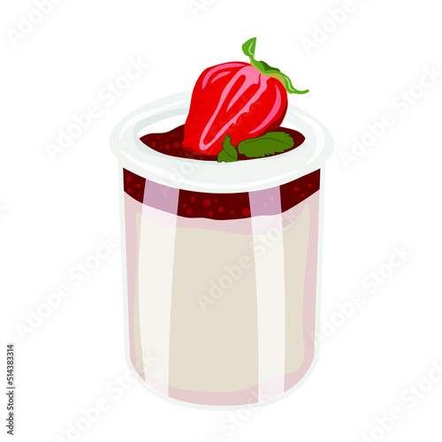 Glass with delicious strawberry panna cotta on white background