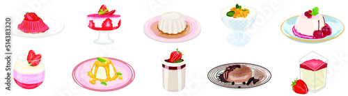 Collection of delicious panna cotta on white background