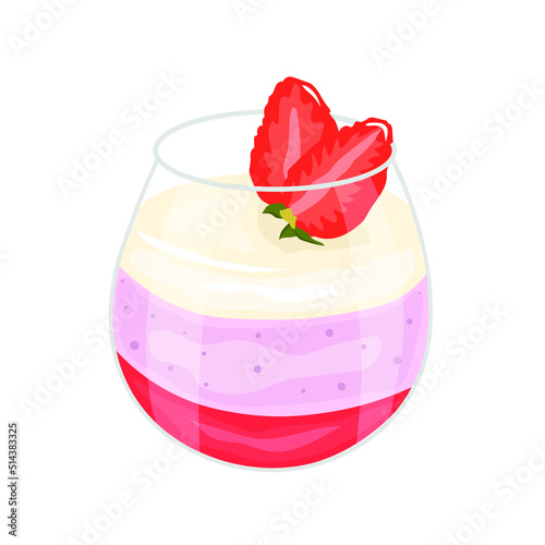 Glass with delicious strawberry panna cotta on white background