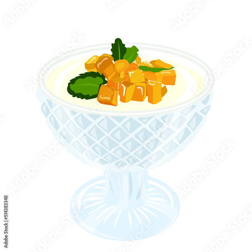 Bowl with delicious fruit panna cotta on white background