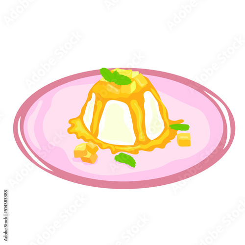 Plate with delicious fruit panna cotta on white background