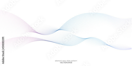 Flowing particles wave pattern, blue and purple gradient color isolated on white background. Vector in concept of AI technology, science, music, modern.