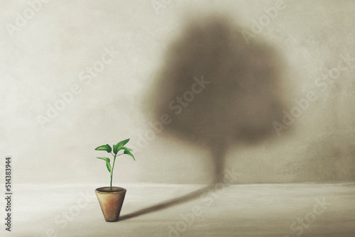 birth of a small plant with surreal shadow of a large tree, concept of life
