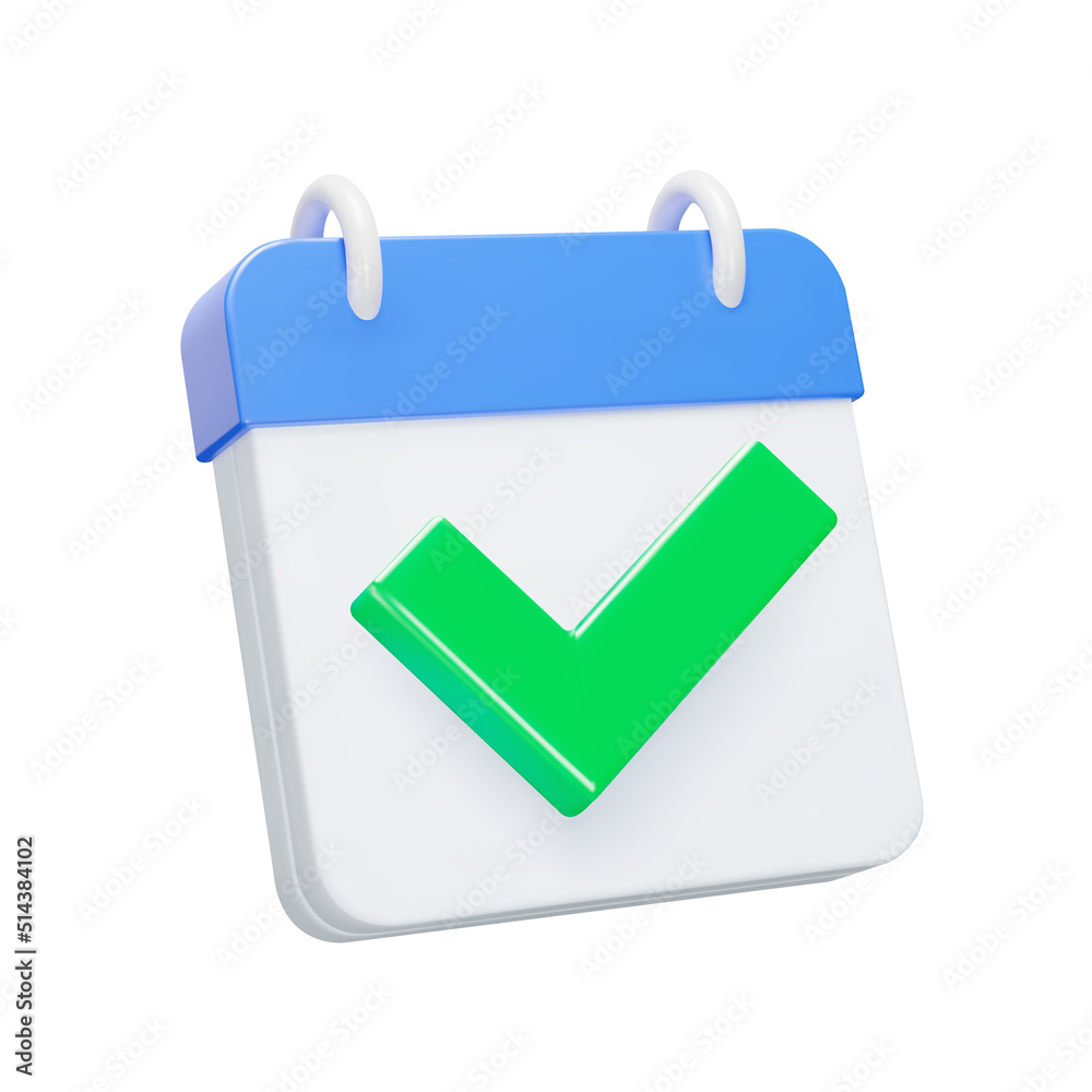 Calendar with a check mark 3d icon. Fulfilled a planned goal. Ocean and continents. Isolated object on a transparent background Calendar with a check mark 3d icon. Fulfilled a planned goal. Ocean and continents. Isolated object on a transparent background