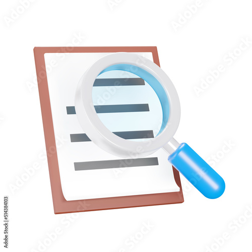 text pad and a magnifier 3d icon. Checking the list. Searching for text. Isolated object on a transparent background