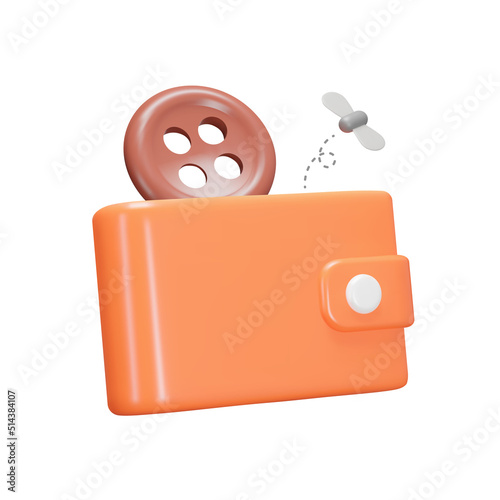 Empty wallet 3d icon. A button and a moth. Poverty. Isolated object on a transparent background