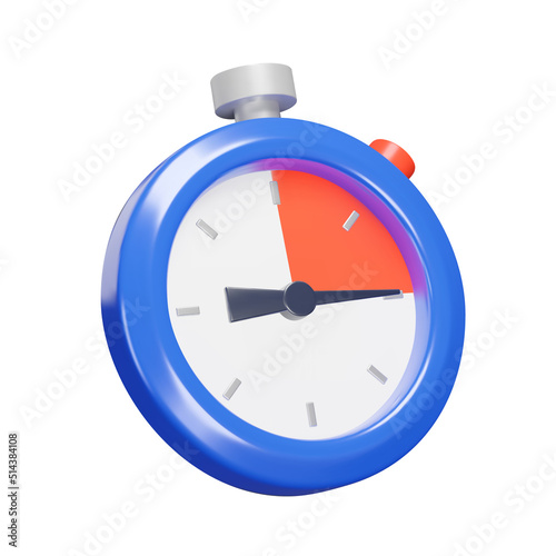 Stopwatch 3d icon. 15 second arrow and red color. Isolated object on a transparent background