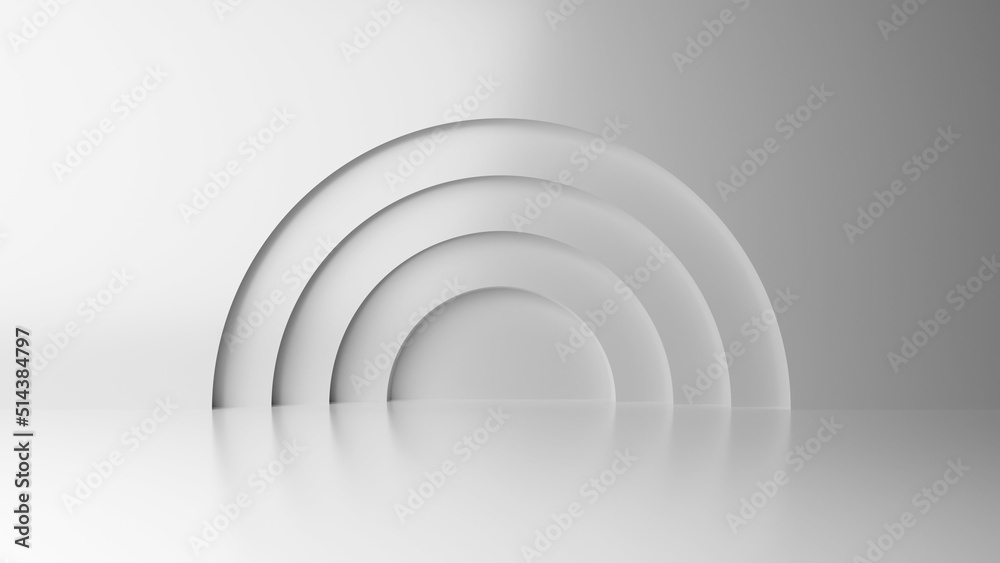 Obraz premium Abstract minimal empty podium with circle details on the wall. Empty room concept with half semi circle on natural lighting. Rendering 3d shape, product display presentation. Futuristic wall scene.