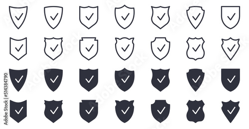 Shield Line and Silhouette Icon Set. Sign of Safety, Defence, Safe Pictogram. Guard Defense Emblem Collection Icon. Antivirus Protect Badge with Check Mark. Isolated Vector Illustration