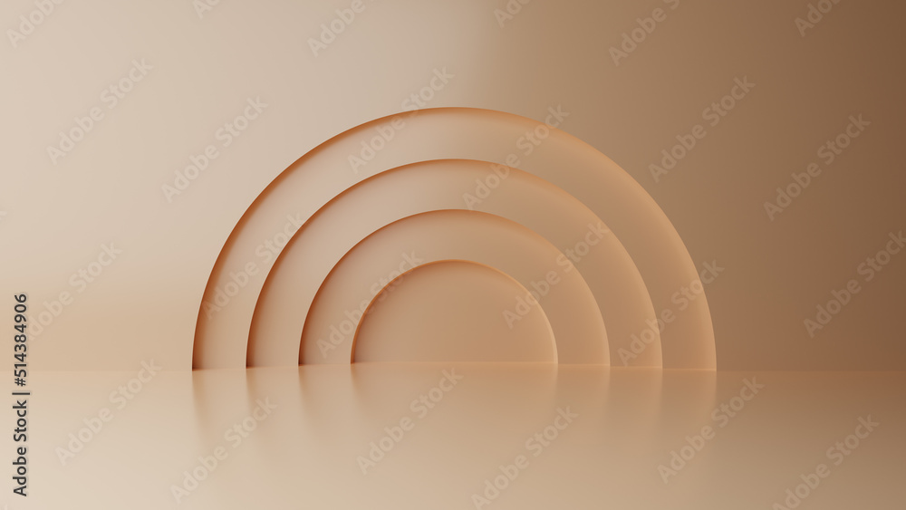 Obraz premium Abstract minimal empty podium with circle details on the wall. Empty room concept with half semi circle on natural lighting. Rendering 3d shape, product display presentation. Futuristic wall scene.
