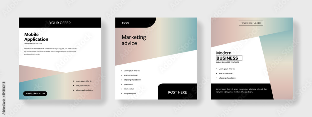 Minimal pastel color gradient social media layouts with black accent, diagonal shape, clean editable graphic templates for web, instagram and facebook, rainbow, square design for banner advert	

