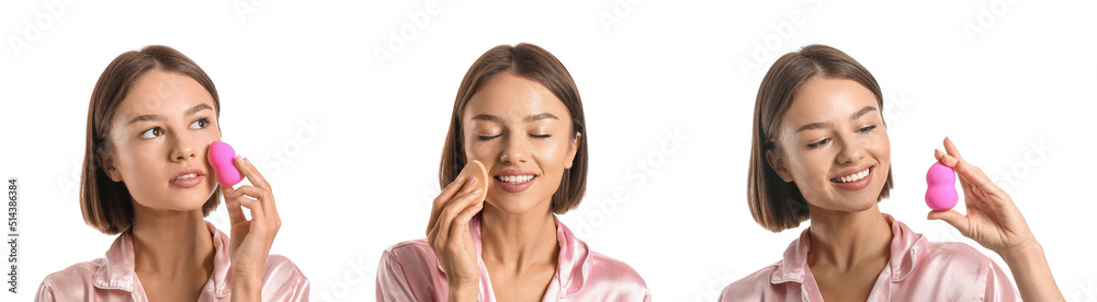 Set of beautiful woman with makeup sponges on white background Set of beautiful woman with makeup sponges on white background