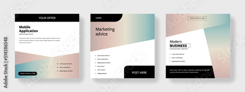 Minimal pastel color gradient social media layouts with black accent, diagonal shape, clean editable graphic templates for web, instagram and facebook, rainbow, square design for banner advert	
