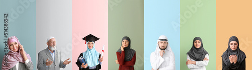 Valokuva Set of different Arab people on colorful background