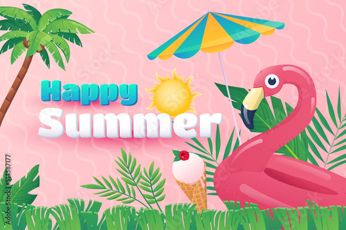 Happy summer background in flat cartoon design. Wallpaper with text and composition of umbrella, flamingo rubber ring, ice cream and frame of leaves. Vector illustration for poster or banner template