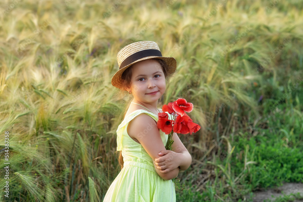 Portrait of a beautiful little girl in the field.