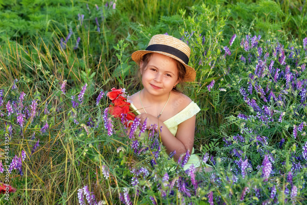 Portrait of a beautiful little girl in the field.