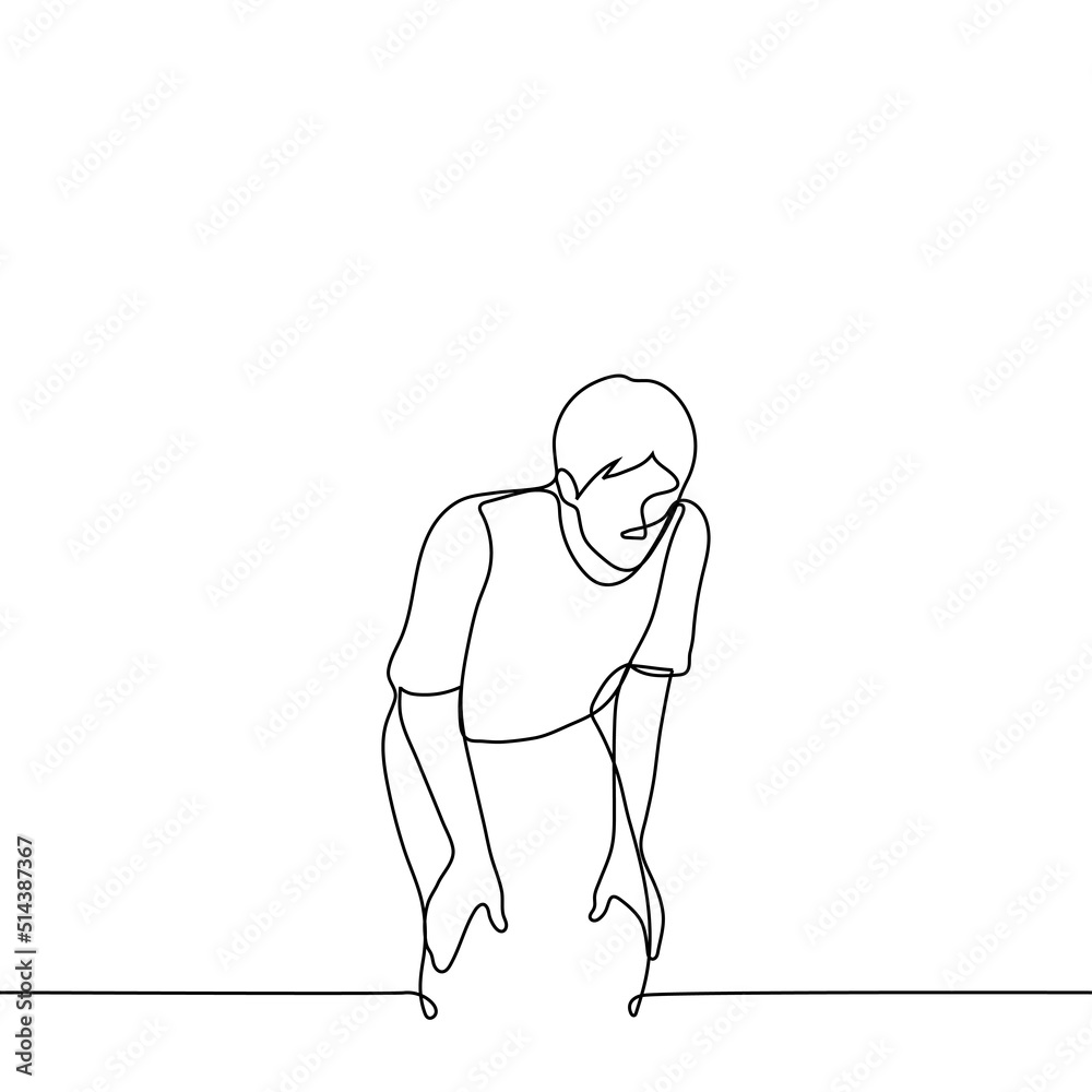 man crouched a little and looks down with his hands on his knees - one line drawing vector. concept to look down, to be afraid of heights, a deep hole, a metaphor for moral fall man crouched a little and looks down with his hands on his knees - one line drawing vector. concept to look down, to be afraid of heights, a deep hole, a metaphor for moral fall