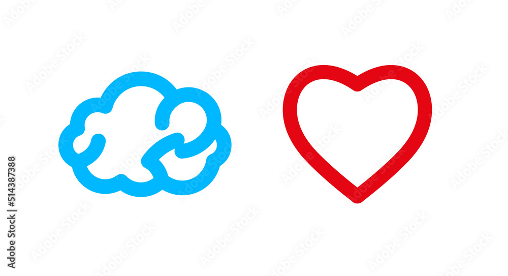 Brain and heart flat icons. Mind versus feelings, reason versus emotions. Male and female thinking. Flat vector illustration isolated on white background. Brain and heart flat icons. Mind versus feelings, reason versus emotions. Male and female thinking. Flat vector illustration isolated on white background.