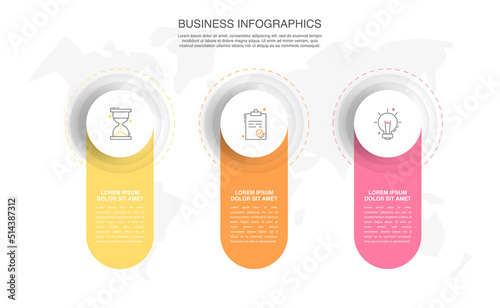 Modern vector infographics design template. Concept with three steps, labels. Creative timeline with graph elements, percentage circles and icons. Performance analysis in percent