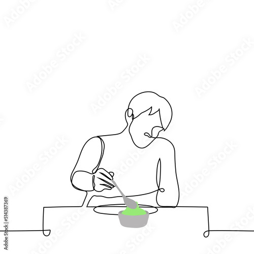 man with a spoon reaches for a plate with green sauce - one line drawing vector. concept of guacamole, pesto sauce, green chutney sauce or chimichurri sauce