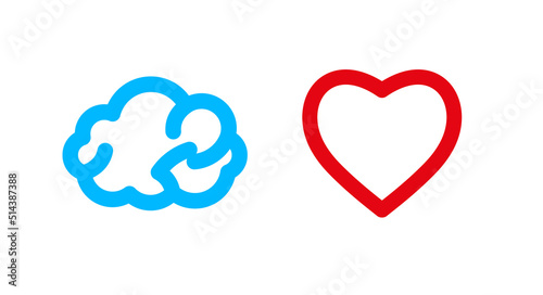 Brain and heart flat icons. Mind versus feelings, reason versus emotions. Male and female thinking. Flat vector illustration isolated on white background.