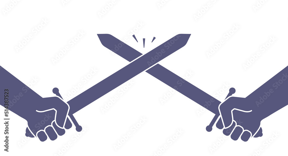 Sword fight. War. Crossed swords in the hands of opponents. The fight ...
