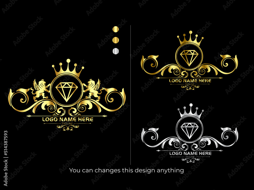Jewellery shop logo design with goldern color and lion. Luxury gold logo. Business. Silver color. Diamond jewellery. Premium logo template. Finance