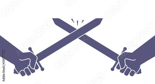 Sword fight. War. Crossed swords in the hands of opponents. The fight between good and evil. Flat vector illustration isolated on white background.