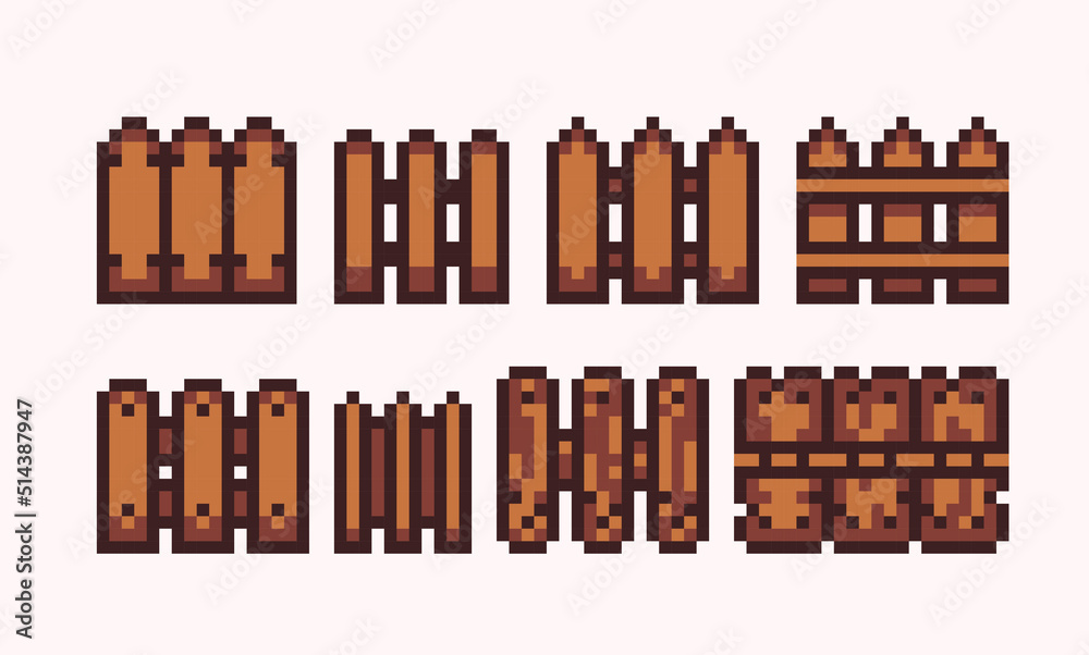Wooden fence pixel art set. Countryside timber hedge collection. 8 bit
