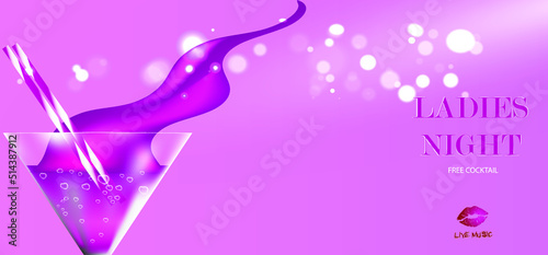 Pink banner for ladies night out with cocktail and sequins