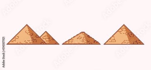 Egyptian sand pyramids pixel art set. Ancient burial  grave collection. 8 bit sprite. Game development  mobile app.  Isolated vector illustration.