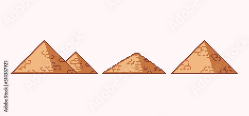 Egyptian sand pyramids pixel art set. Ancient burial, grave collection. 8 bit sprite. Game development, mobile app.  Isolated vector illustration.