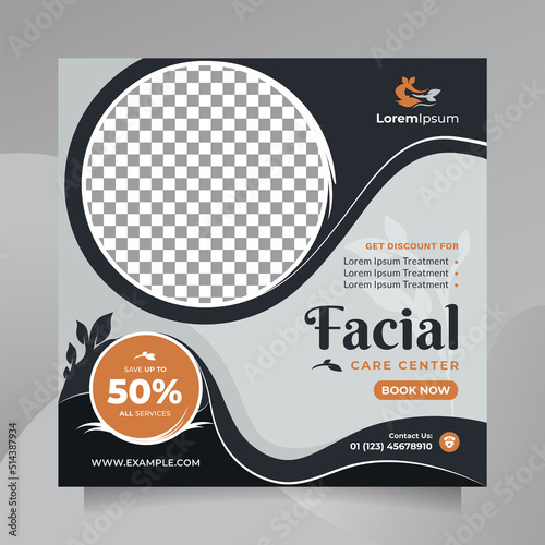 Beauty facial care center promotion design social media post and banner. Square vector template concept of professional hair spa & salon, yoga, meditation, cosmetic sale, skin treatment, etc