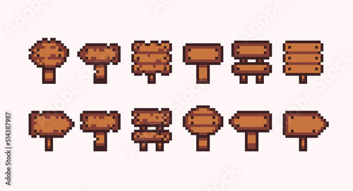 Wooden signs, guidepost pixel art set. Rustic timber road pointer collection. 8 bit sprite. Game development, mobile app.  Isolated vector illustration.