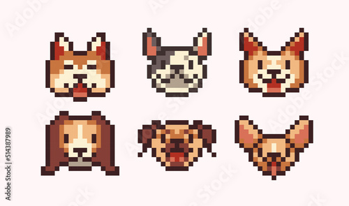 Happy dog faces pixel art set. Different doggy breeds collection.  Akita inu, french bulldog, corgi, beagle, pug, chihuahua. 8 bit sprite. Game development, mobile app.  Isolated vector illustration.