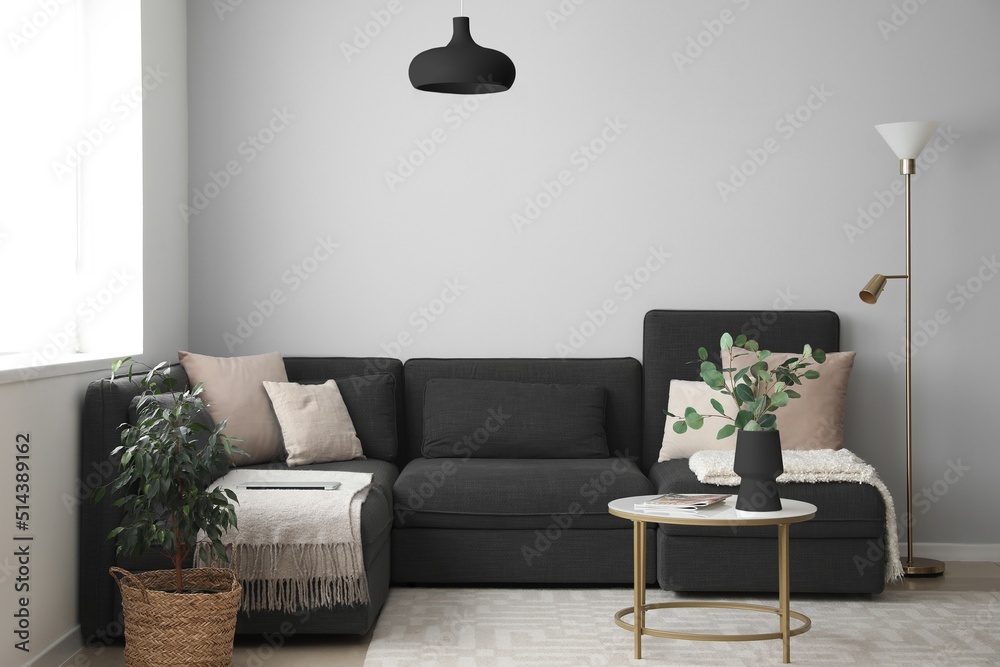 Interior of modern living room with black sofa and table Stock Photo ...
