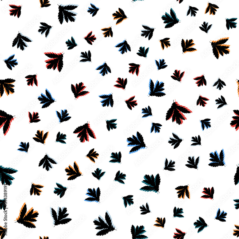 Seamless vector pattern with black leaves with a shadow of orange, red and blue on a white background. Vegetable texture for fabric, bed linen, tablecloth, baby clothes, wallpaper